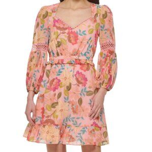 Vince Camuto Women's Chiffon 3/4-Sleeve Fit & Flare Pink Floral Dress NWT 6